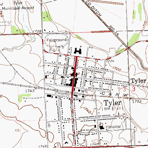 Topographic Map of Tyler City Hall, MN