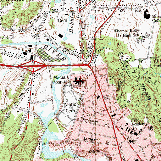 Topographic Map of The William W Backus Hospital, CT