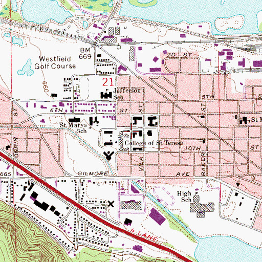 Topographic Map of College of Saint Teresa Tea House, MN