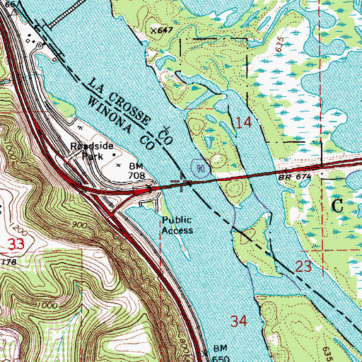 Topographic Map of Dresbach Bridge, MN