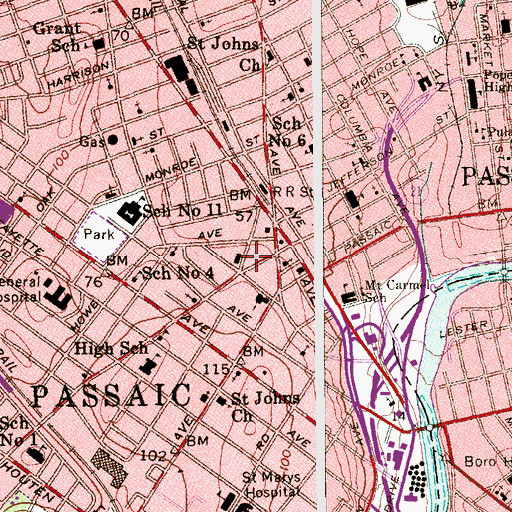 Topographic Map of Passaic Main Post Office, NJ