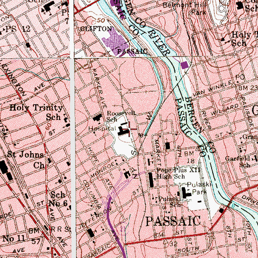 Topographic Map of Passaic Beth Israel Hospital, NJ