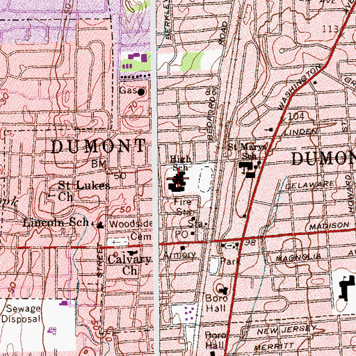 Topographic Map of Dumont High School, NJ