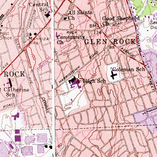 Topographic Map of Glen Rock High School, NJ