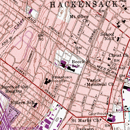 Topographic Map of Hackensack High School, NJ