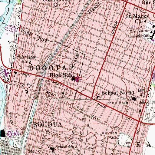 Topographic Map of Bogota High School, NJ