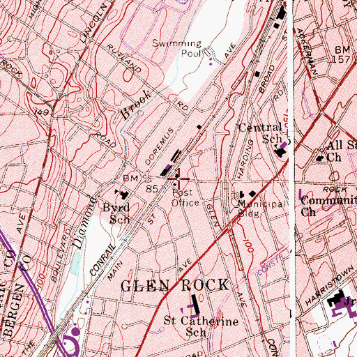 Topographic Map of Glen Rock Post Office, NJ