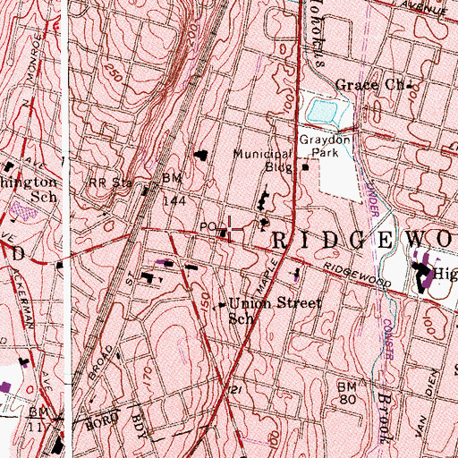 Topographic Map of Ridgewood Post Office, NJ
