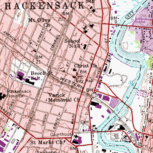 Topographic Map of Hackensack City Hall, NJ