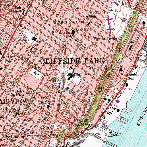 Topographic Map of Cliffside Park High School, NJ