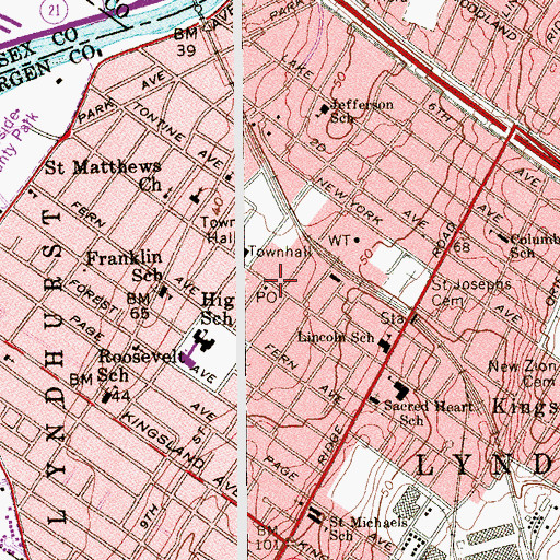 Topographic Map of Lyndhurst Post Office, NJ
