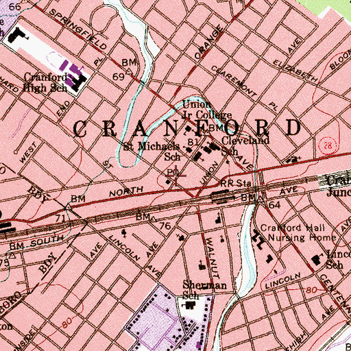Topographic Map of Cranford Post Office, NJ