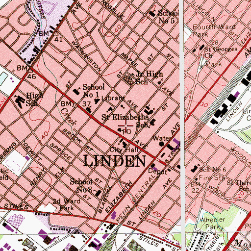 Topographic Map of Linden Post Office, NJ