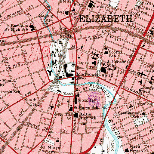 Topographic Map of Elizabeth Public Library, NJ