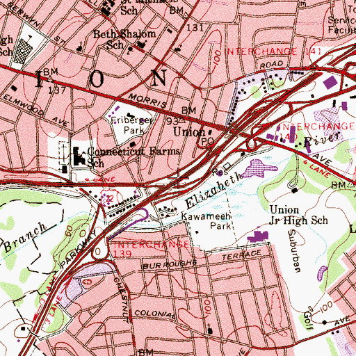 Topographic Map of Interchange 139A, NJ