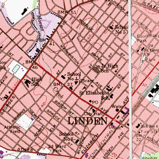 Topographic Map of Linden Free Public Library, NJ