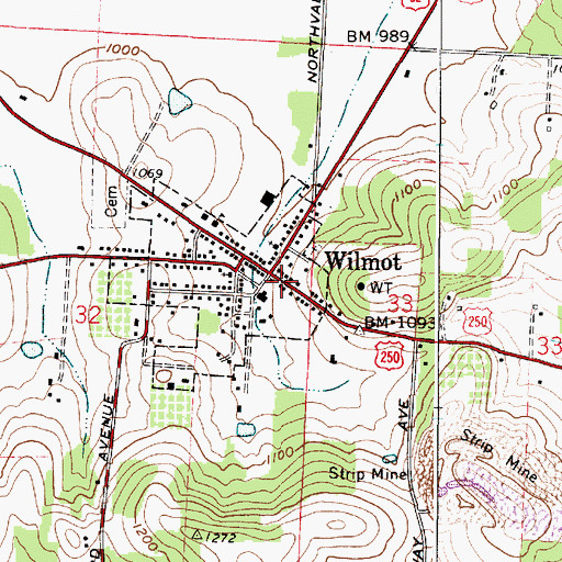 Topographic Map of Wilmot Post office, OH
