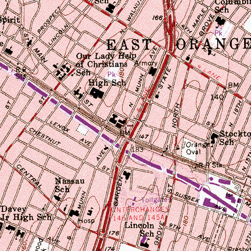 Topographic Map of East Orange Main Post Office, NJ