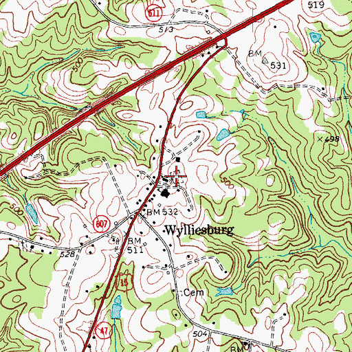 Topographic Map of Wylliesburg Baptist Church, VA