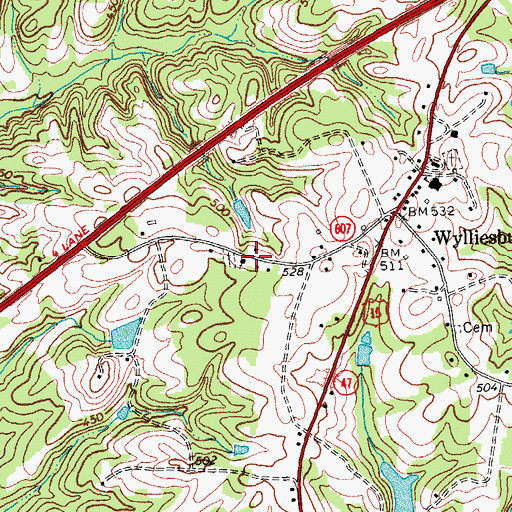 Topographic Map of Wylliesburg Presbyterian Church, VA
