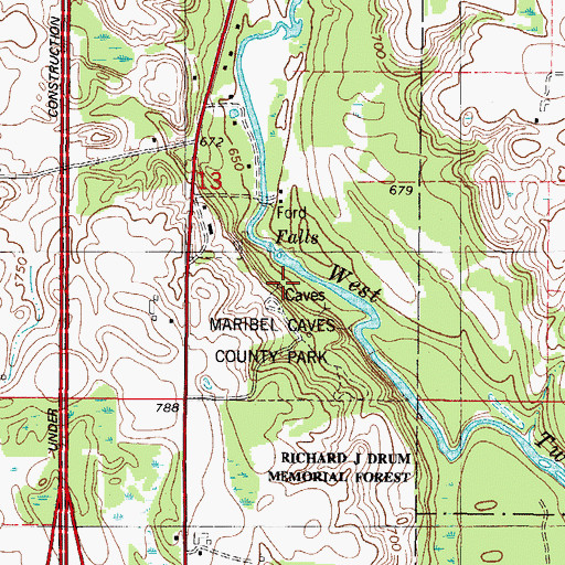 Topographic Map of Cherney Maribel Caves State Natural Area, WI