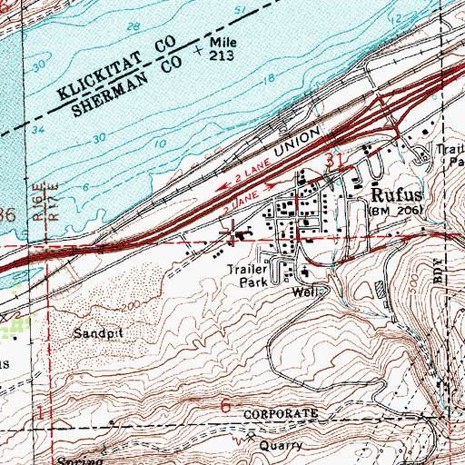 Topographic Map of Rufus Community Center, OR
