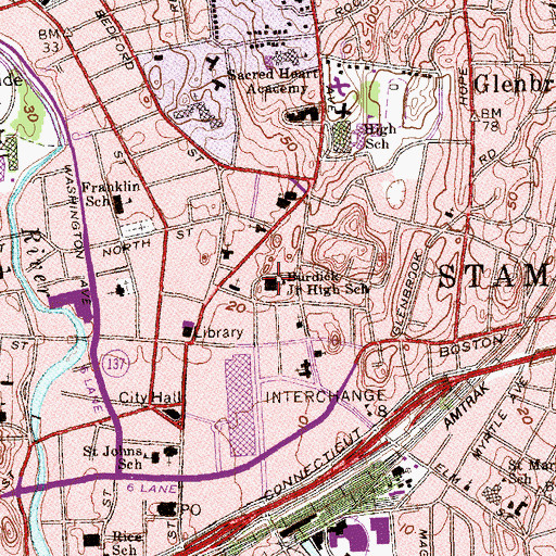 Topographic Map of Burdick Junior High School, CT