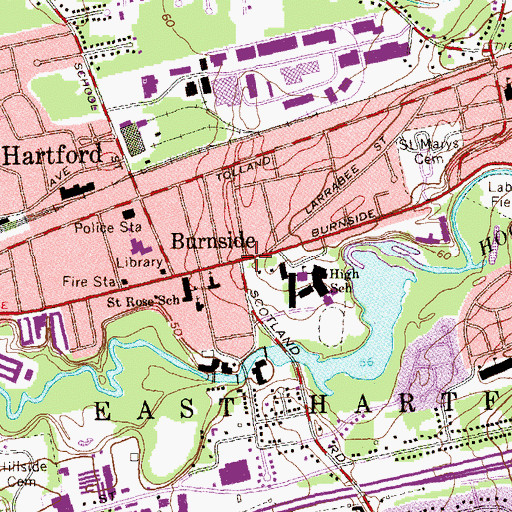 Topographic Map of Burnside, CT