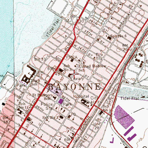 Topographic Map of Free Public Library of Bayonne, NJ