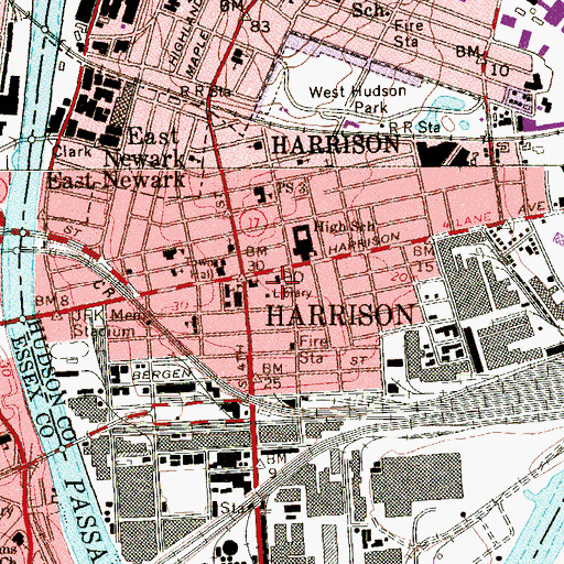 Topographic Map of Harrison Public Library, NJ