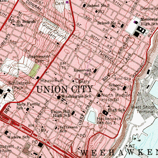 Topographic Map of Union City Public Library, NJ