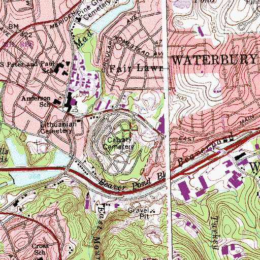 Topographic Map of Calvary Cemetery, CT