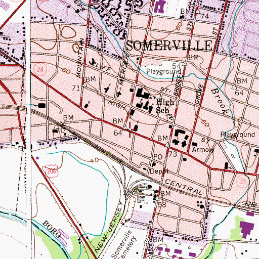 Topographic Map of Downtown Somerville Shopping Center, NJ