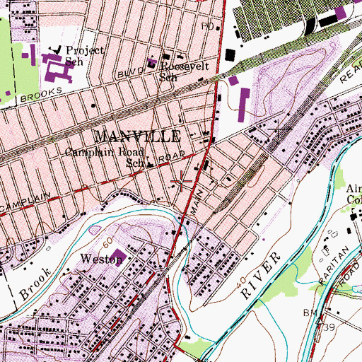 Topographic Map of Manville Reformed Church, NJ
