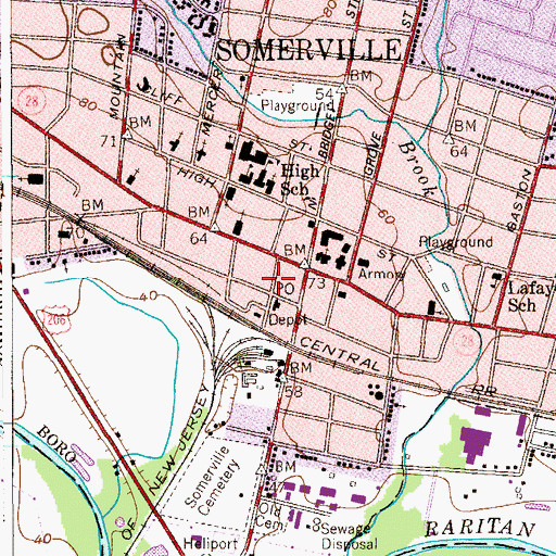 Topographic Map of Somerville Fire Department Central Hook and Ladder Company, NJ