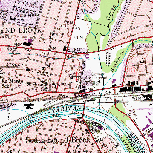 Topographic Map of Bound Brook Memorial Library, NJ