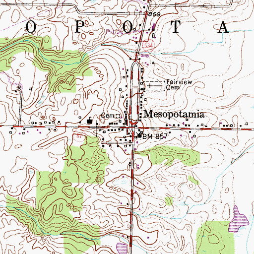 Topographic Map of Mesopotamia Post Office, OH
