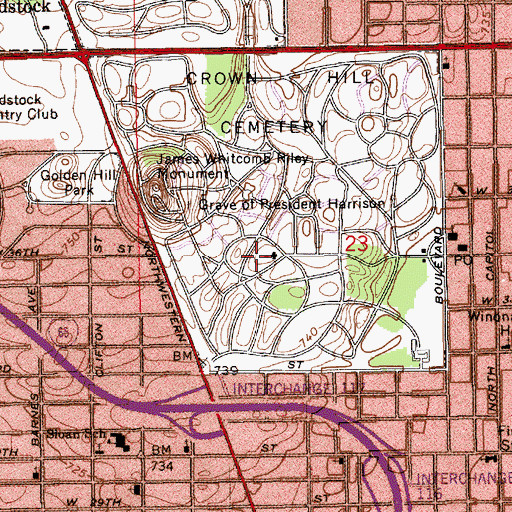 Topographic Map of Crown Hill National Cemetery, IN