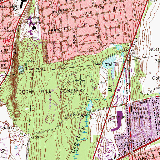 Topographic Map of Cedar Hill Cemetery, CT