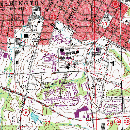 Topographic Map of Washington Middle School, MO