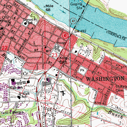 Topographic Map of Washington Area Ambulance District Station, MO