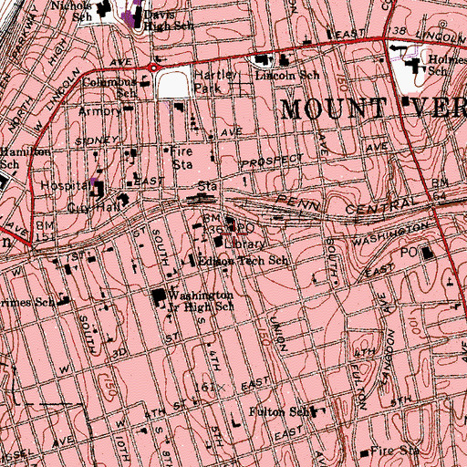 Topographic Map of Mount Vernon Public Library, NY