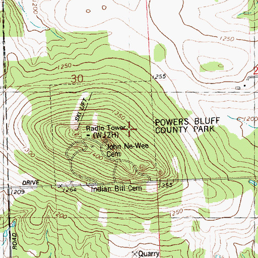 Topographic Map of Powers Bluff Maple Woods State Natural Area, WI
