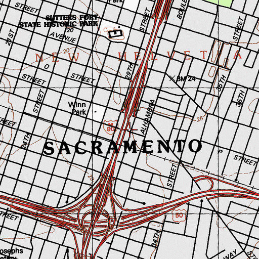 Topographic Map of Fort Sutter Post Office, CA