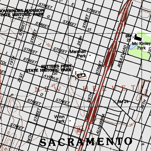 Topographic Map of Sutter's Fort (historical), CA