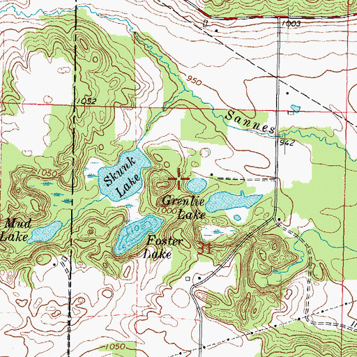 Topographic Map of Skunk and Foster Lakes State Natural Area, WI