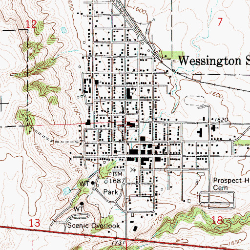 Topographic Map of Wessington Springs High School, SD