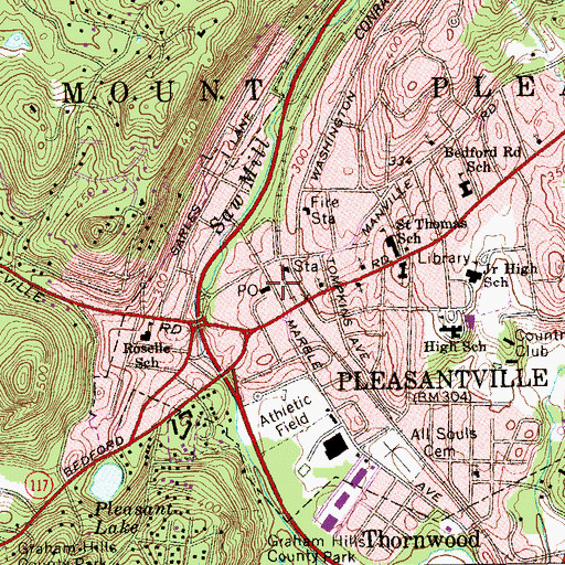 Topographic Map of Pleasantville Post Office, NY