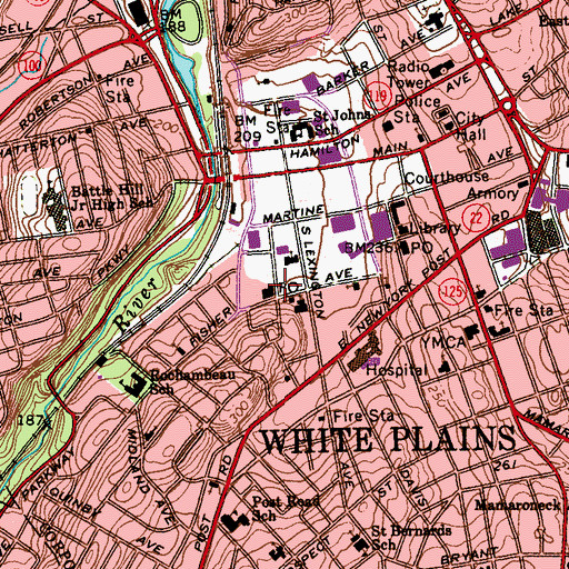 Topographic Map of White Plains Main Post Office, NY