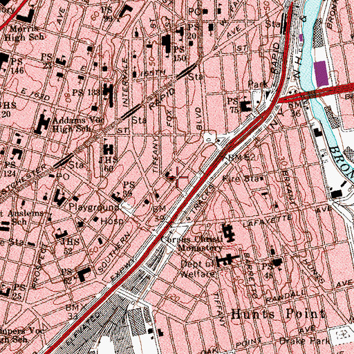 Topographic Map of Hunt's Point Regional Branch New York Public Library, NY